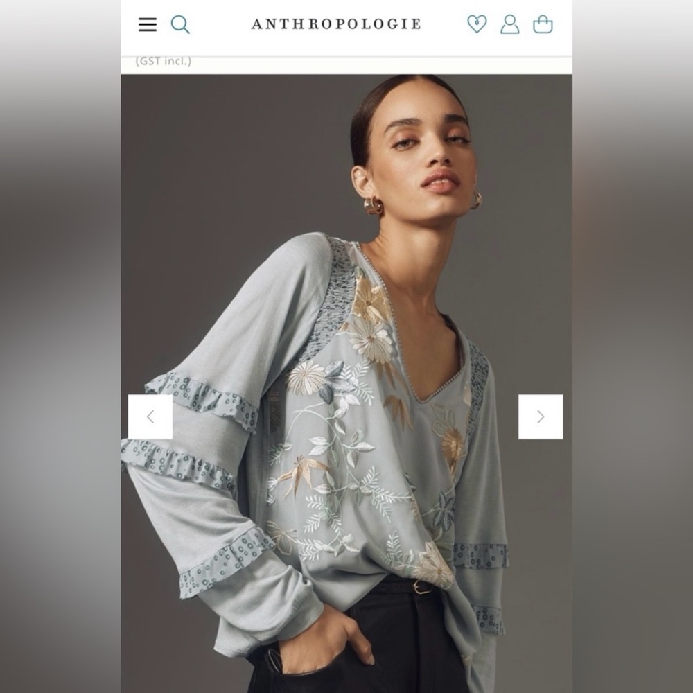 Anthropologie “Tiny” long sleeve ruffled embroidered blouse. XS NWOT
